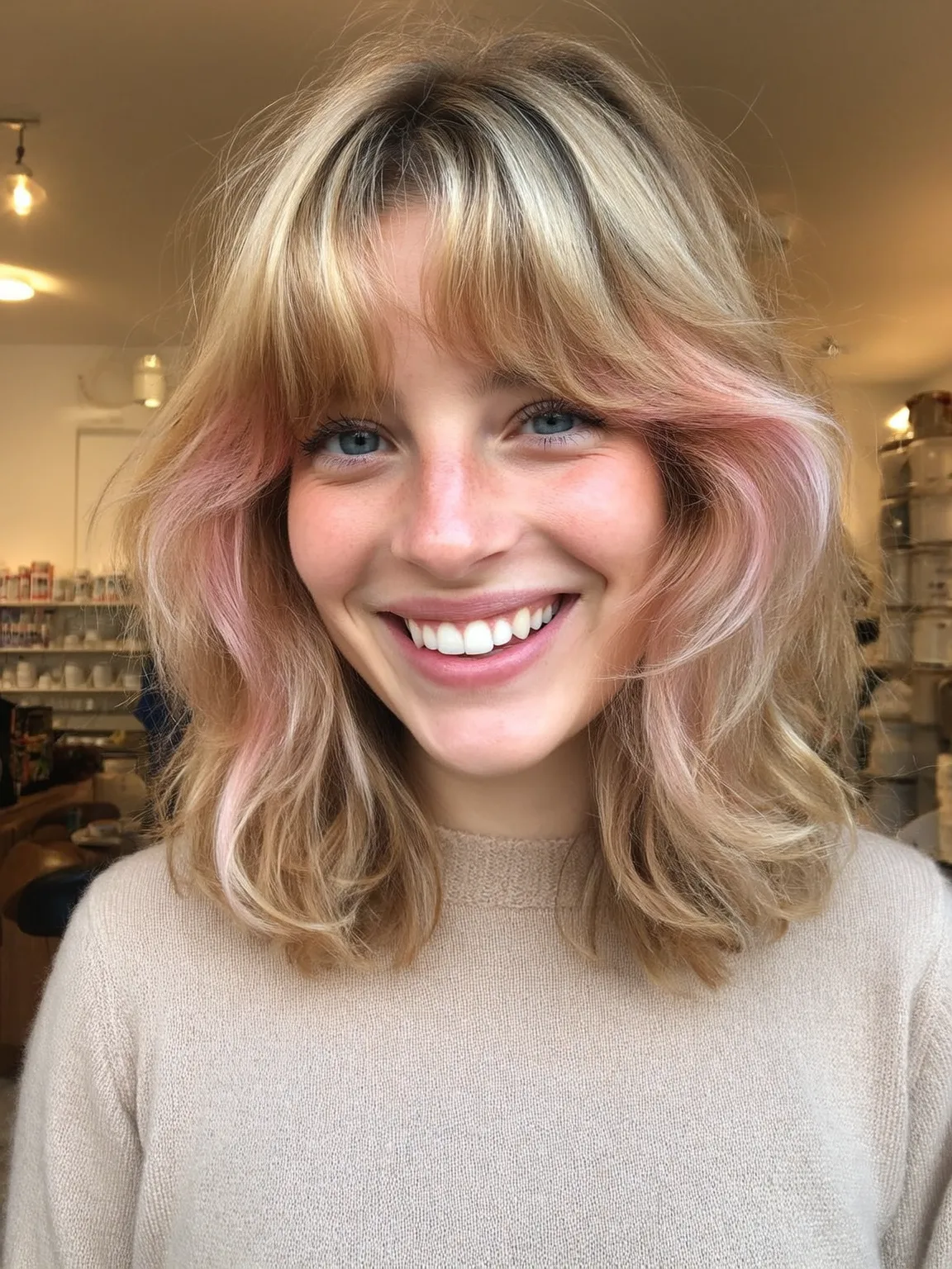 Sandy Blonde Soft Layers with Pink Highlights and Curtain Bangs